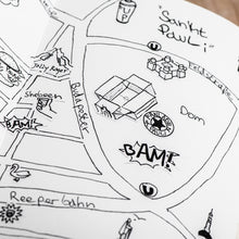 Lade das Bild in den Galerie-Viewer, Auf dem Bild sieht man eine weiße Seite eines Buches mit schwarzen Skizzen des Millerntor Stadions, Sankt Pauli, Reeperbahn, Jolly Roger, Dom, Fanladen St.Pauli, Shebeen